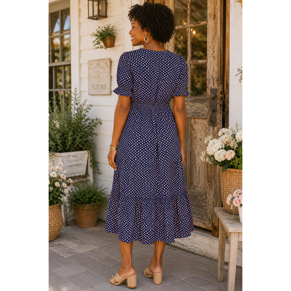 Fraiche by J Navy Floral Midi Dress Large Puff Sleeve Button Front Tiered - Picture 2 of 2